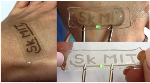 SWCNT/hydrogel-based patterned circuit pictured in three ways: attached to human skin, relaxed, and stretched by 50 percent. Photos: Evgenia Gilshteyn // Skoltech.