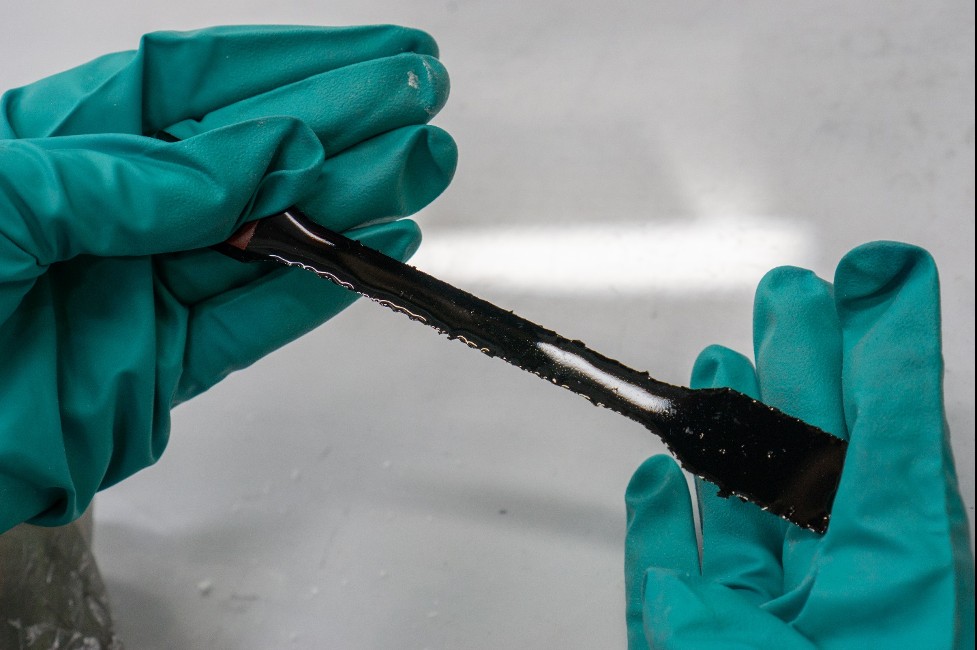 Carbon-nanocomposite after finishing the molding process. The sample will be tested for piezoresistive response after minor finishing touches. These materials can be shaped into almost any size and form. Image was taken in the Laboratory of Micro and Nano Mechanics, CDMM.